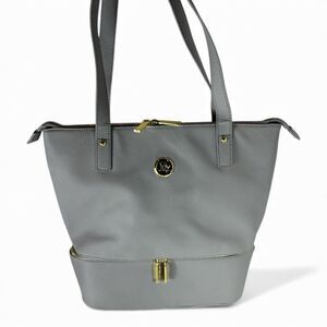 Joy Mangano Double Decker Light Gray Leather Work Travel Tote Bag Purse